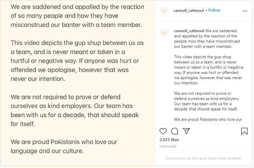 A statement released by the owners of Cannoli restaurant in response to the backlash