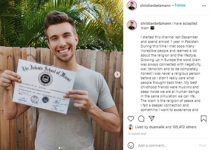 Vlogger Christian Betzmann shared about embracing Islam to Instagram